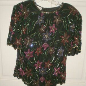 VINTAGE LAURENCE  KAZAR sz S BLACK Beaded Sequined CHRISTMAS EVENING  TOP